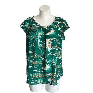 LC Lauren Conrad Women's Floral Blouse L Green Tropical Vacation Top